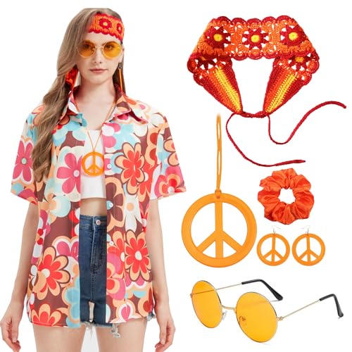 KitChocoLot Hippie Kostüm Damen, Hawaii Outfit Damen, Flower Power Kleidung, Vintage Hemd mit Accessoires, 70er Jahre Outfit für Karneval KitChocoLot Hippie Kostüm Damen, Hawaii Outfit Damen, Flower Power Kleidung, Vintage Hemd mit Accessoires, 70er Jahre Outfit für Karneval von KitChocoLot