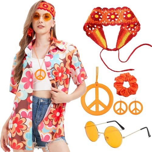 KitChocoLot Hippie Kostüm Damen, Hawaii Outfit Damen, Flower Power Kleidung, Vintage Hemd mit Accessoires, 70er Jahre Outfit für Karneval KitChocoLot Hippie Kostüm Damen, Hawaii Outfit Damen, Flower Power Kleidung, Vintage Hemd mit Accessoires, 70er Jahre Outfit für Karneval von KitChocoLot