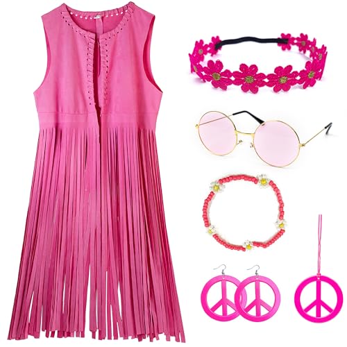 KitChocoLot Hippie Weste Kostüm Set, 7Pc, 60er 70er Jahre Outfit, Damen Hippie Kleidung, Fransenweste Für Karneval, Vintage Rosa von KitChocoLot