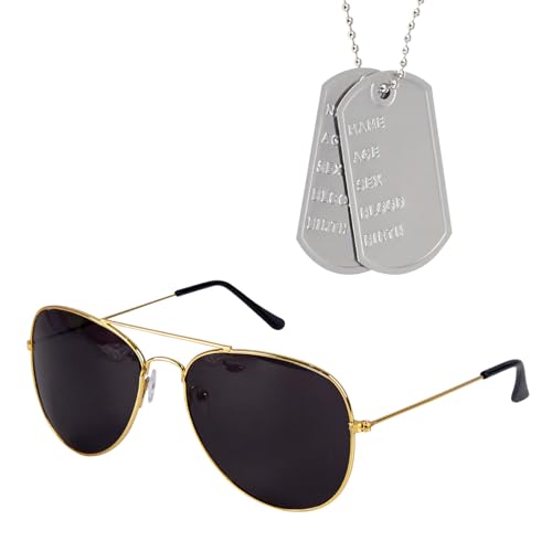 2 PCS Flieger Verkleidung Accessoires Fliegerbrille Sonnenbrille, Silber Erkennungsmarke Kette, Pilot Kostüm Zubehör Pilotenbrille Hundemarke Dog Tag für Damen Herren Erwachsene Fasching Karneval von Kitimi