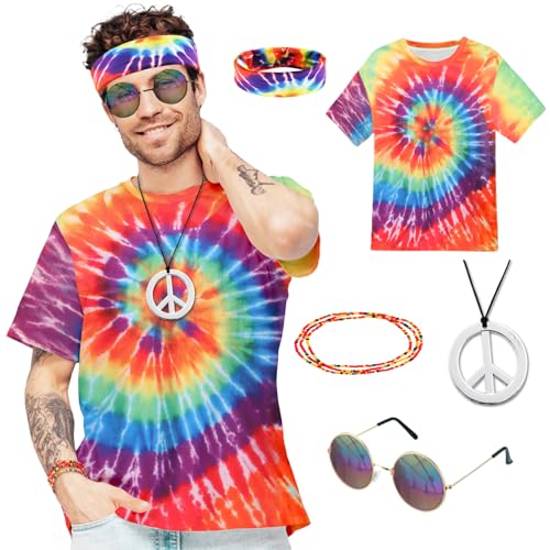 5PCS Hippie Kostüm für Herren, 60er 70er Jahre Outfit Herren, Hippie Accessories mit T-Shirt Perücke Sonnenbrille Peace Halskette Stirnband, Herren Damen Cosplay Karneval Fasching Themenparty 5PCS Hippie Kostüm für Herren, 60er 70er Jahre Outfit Herren, Hippie Accessories mit T-Shirt Perücke Sonnenbrille Peace Halskette Stirnband, Herren Damen Cosplay Karneval Fasching Themenparty von Kitimi