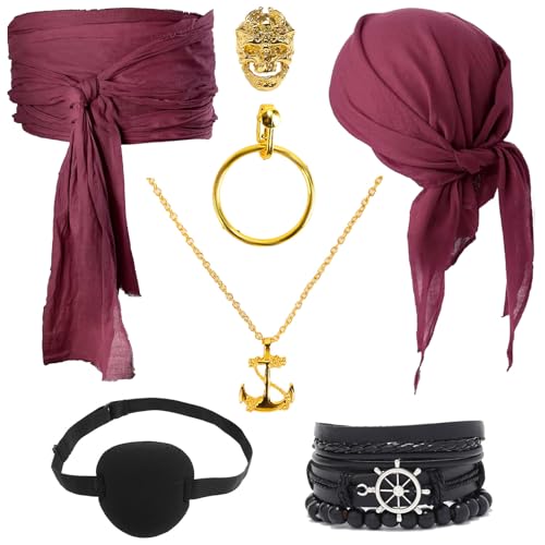 7PCS Piratenkostüm Damen Herren, Piratenkostüm Zubehör mit Kopftuch Ohrring Halskette, Pirat Kostüm Zubehör für Karneval, Halloween und Piraten Party Kinder Damen Herren 7PCS Piratenkostüm Damen Herren, Piratenkostüm Zubehör mit Kopftuch Ohrring Halskette, Pirat Kostüm Zubehör für Karneval, Halloween und Piraten Party Kinder Damen Herren von Kitimi