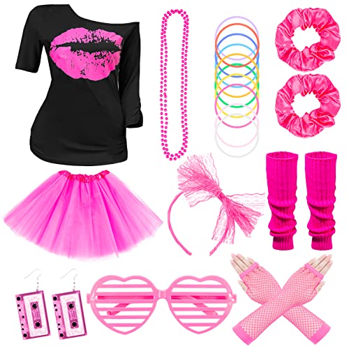 80er Jahre Outfit Damen, 10PCS 80er Jahre Kleidung Accessoires Damen Set, Neon Party Outfit, Lips Print T-Shirt Rock mit 80er Jahre Ohrringe Halskette für Geeignet für 80er Jahre Outfit Damen Party 80er Jahre Outfit Damen, 10PCS 80er Jahre Kleidung Accessoires Damen Set, Neon Party Outfit, Lips Print T-Shirt Rock mit 80er Jahre Ohrringe Halskette für Geeignet für 80er Jahre Outfit Damen Party von Kitimi