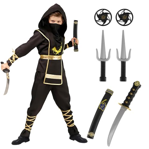 Kitimi Ninja Kostüm Kinder Schwarz Golden, 14 Stück Ninja Karneval Kinder Kostüm Set mit Ninja Zubehör Katana Schwert Plastik Ninja Samurai Kostüm für Jungen Mädchen Cosplay Kung Fu Party Verkleidung Kitimi Ninja Kostüm Kinder Schwarz Golden, 14 Stück Ninja Karneval Kinder Kostüm Set mit Ninja Zubehör Katana Schwert Plastik Ninja Samurai Kostüm für Jungen Mädchen Cosplay Kung Fu Party Verkleidung von Kitimi