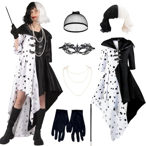 Cruella Devil Kostüm Damen, Damen Faschingskostüme mit Kleid, Perücke, Halskette, Maske, Cosplay Halter, Haarnetz, schwarze Handschuhe für Karneval Halloween Cosplay Party Cruella Devil Kostüm Damen, Damen Faschingskostüme mit Kleid, Perücke, Halskette, Maske, Cosplay Halter, Haarnetz, schwarze Handschuhe für Karneval Halloween Cosplay Party von Kitimi