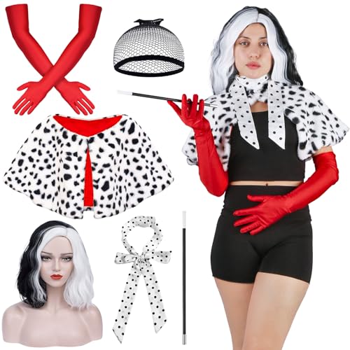 Cruella Devil Kostüm Set, Cruella Kostüm für Damen mit Lange Rote Handschuhe, Weiß Schwarz gepunkteter Schal, Cosplay Halter und Perücke mit Mittelscheitel Cruella Devil Kostüm Set, Cruella Kostüm für Damen mit Lange Rote Handschuhe, Weiß Schwarz gepunkteter Schal, Cosplay Halter und Perücke mit Mittelscheitel von Kitimi