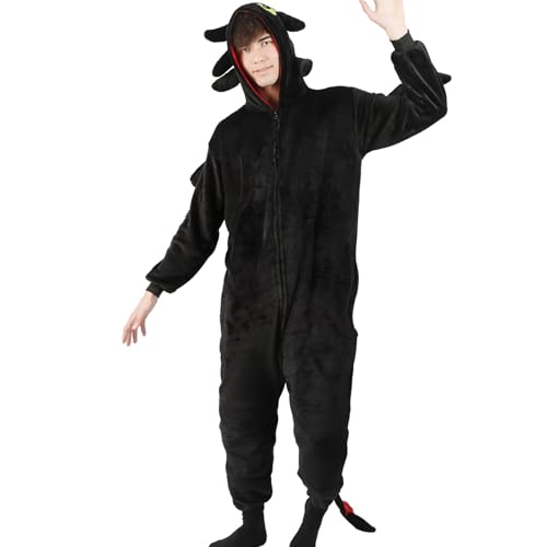 Erwachsene Drachen Onesie Kostüm Einteiler Schlafanzug Jumpsuit- Tier Pyjama Relax Schlafoverall Outfit Plüsch Sleepwear Overall für Damen Herren Cosplay Verkleidung Karneval Halloween Fasching Kostüm von Kitimi