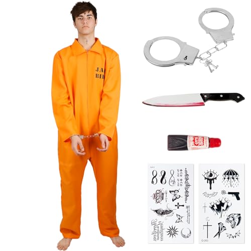Häftling Kostüm Herren, Sträfling Kostüm Herren Damen, Orange GefäNgnis Kostüm, Orange Prisoner Overall, Halloween Gefangener Overall Knast Prisoner Cosplay Outfit Karneval Party Deko für Erwachsene von Kitimi