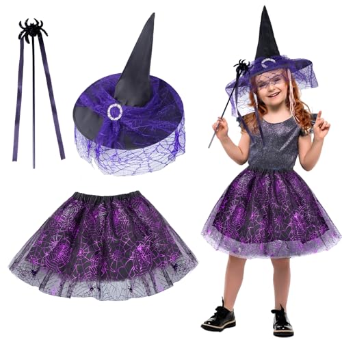 Halloween Kostüm Mädchen Hexenkostüm Kinder, Hexen Verkleidung Set mit Tütü -Kleid Hexenhut und Zauberstab, Hexenkleid Zubehör Cosplay Kostüm für Halloween Karneval Party Halloween Kostüm Mädchen Hexenkostüm Kinder, Hexen Verkleidung Set mit Tütü -Kleid Hexenhut und Zauberstab, Hexenkleid Zubehör Cosplay Kostüm für Halloween Karneval Party von Kitimi