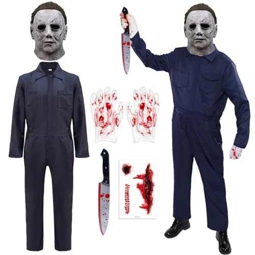 Halloween Kostüme Serienmörder Overall Kinder Set 130 Vollkopfmaske Narben Tattoos Blutmesser und Handschuhe Halloween Cosplay Verkleidung Mottoparty Outfits von Kitimi