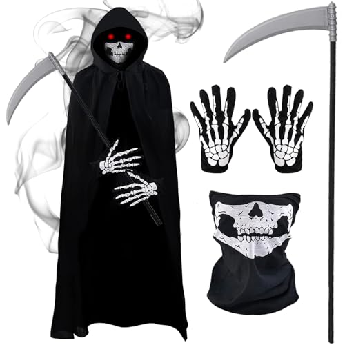 Halloween Sensenmann Kostüm Herren Robe mit Kapuze, 4Pcs Reaper Halloween Kostüme Set mit Sensemann Umhang Totenkopf Sense Maske Handschuhe für Unisex Rollenspiele Party Karneval Cosplay Halloween Sensenmann Kostüm Herren Robe mit Kapuze, 4Pcs Reaper Halloween Kostüme Set mit Sensemann Umhang Totenkopf Sense Maske Handschuhe für Unisex Rollenspiele Party Karneval Cosplay von Kitimi