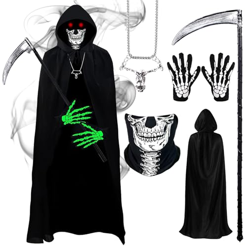 Halloween Sensenmann Kostüm Herren Robe mit Kapuze, 5Pcs Reaper Halloween Kostüme Set mit Sensemann Umhang Totenkopf Sense Maske Halsketten Handschuhe für Unisex Rollenspiele Party Karneval Cosplay Halloween Sensenmann Kostüm Herren Robe mit Kapuze, 5Pcs Reaper Halloween Kostüme Set mit Sensemann Umhang Totenkopf Sense Maske Halsketten Handschuhe für Unisex Rollenspiele Party Karneval Cosplay von Kitimi