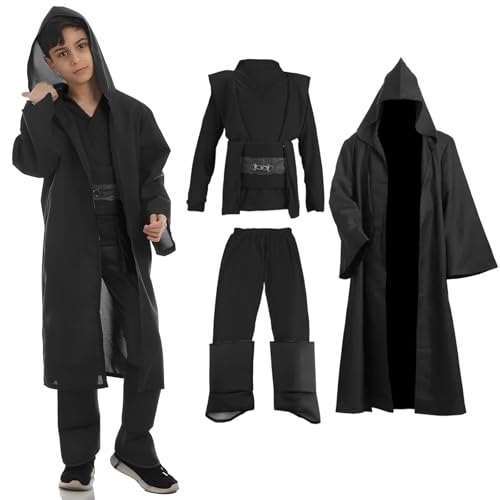 Je-d Kostüm Kinder, Robe Kinder mit Kapuze Skywalker Kostüm, Hoodies Robe Karneval Halloween Cosplay kostüm für Erwachsene Jungen kinder(Schwarz 150) von Kitimi