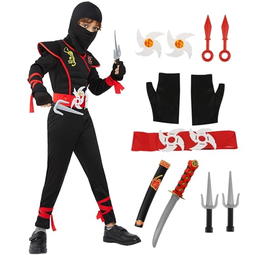 Kitimi Onesie Ninja Kostüm Kinder Schwarz Rot, 16 Stück Ninja Karneval Kinder Kostüm Set mit Ninja Schaumstoff Zubehör Katana Schwert Ninja Kostüm für Jungen Mädchen Cosplay Kung Fu Party Verkleidung Kitimi Onesie Ninja Kostüm Kinder Schwarz Rot, 16 Stück Ninja Karneval Kinder Kostüm Set mit Ninja Schaumstoff Zubehör Katana Schwert Ninja Kostüm für Jungen Mädchen Cosplay Kung Fu Party Verkleidung von Kitimi