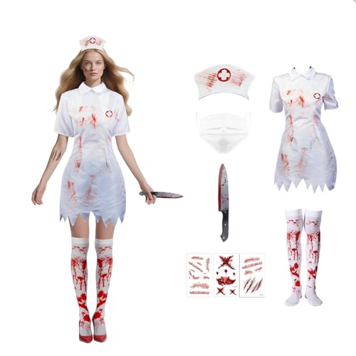 Kitimi Blutige Krankenschwester Halloween Kostüm Set, Frauen Zombie Krankenschwester Outfit mit Rock Haarband Strümpfen Erwachsene Blutige Verkleidung Kostüm für Halloween Karneval Mottoparty Cosplay Kitimi Blutige Krankenschwester Halloween Kostüm Set, Frauen Zombie Krankenschwester Outfit mit Rock Haarband Strümpfen Erwachsene Blutige Verkleidung Kostüm für Halloween Karneval Mottoparty Cosplay von Kitimi