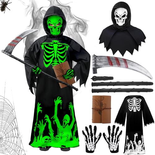 Kitimi Halloween-Kostüm für Kinder, 5-teilig, für Jungen und Mädchen, Halloween-Kostüm, leuchtet im Dunkeln, Sensenmann-Outfit mit Sense, leuchtenden Handschuhen, Notizbuch für Party, Fasching von Kitimi