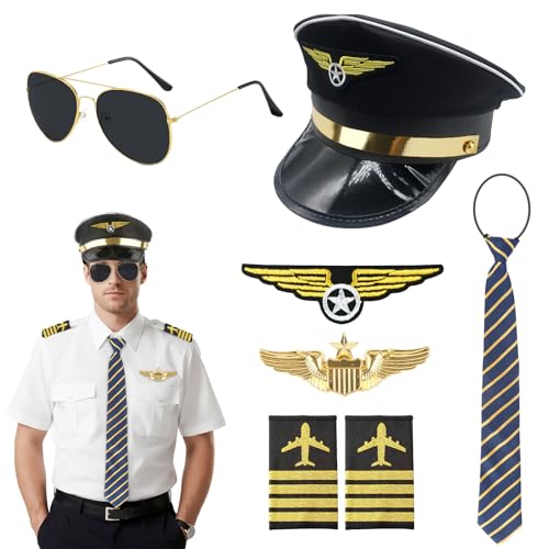 Kitimi Halloween-Piloten-Kostüm-Set, 6-teilig, Kapitänshut, Kostümzubehör-Set mit Armband, Abzeichen, Sonnenbrille, Krawatte von Kitimi