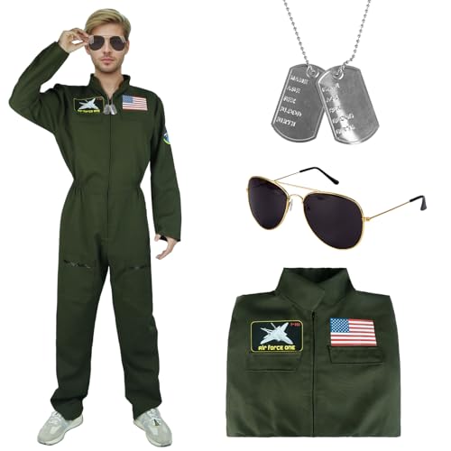 Kitimi Herren-Piloten-Kostüm, Flieger-Kostüm, 3-teiliges Luftwaffen-Flugoutfit mit Sonnenbrille, Erwachsenen-Kämpfer-Kostüm, Fluganzug für Halloween, Karneval, Party, Cosplay Kitimi Herren-Piloten-Kostüm, Flieger-Kostüm, 3-teiliges Luftwaffen-Flugoutfit mit Sonnenbrille, Erwachsenen-Kämpfer-Kostüm, Fluganzug für Halloween, Karneval, Party, Cosplay von Kitimi