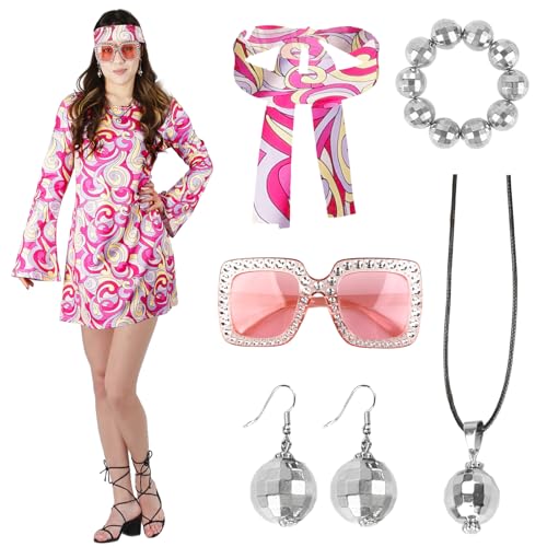 Hippie D4 6PCS Hippie Kostüm Damen, 60er 70er Jahre Outfit Damen, Hippie Stirnband+Haarband+Brille+Halskette+Ohrringe, Disco Outfit Hippie Accessoires Damen, Damen Kleid für Karneval Party von Kitimi