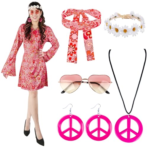 Hippie D9 6PCS Hippie Kostüm Damen, 60er 70er Jahre Outfit Damen, Hippie Stirnband+Haarband+Brille+Halskette+Ohrringe, Disco Outfit Hippie Accessoires Damen, Damen Kleid für Karneval Party Hippie D9 6PCS Hippie Kostüm Damen, 60er 70er Jahre Outfit Damen, Hippie Stirnband+Haarband+Brille+Halskette+Ohrringe, Disco Outfit Hippie Accessoires Damen, Damen Kleid für Karneval Party von Kitimi