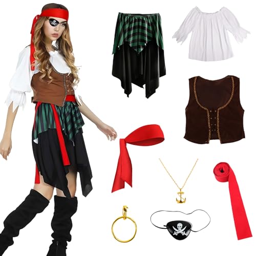 Piratenkostüm Damen, Piratenkostüm Erwachsener mit Kostüm Augenklappe Halskette Ohrring, Pirat Kostüm für Karneval, Halloween und Piraten Party Erwachsener Damen Piratenkostüm Damen, Piratenkostüm Erwachsener mit Kostüm Augenklappe Halskette Ohrring, Pirat Kostüm für Karneval, Halloween und Piraten Party Erwachsener Damen von Kitimi