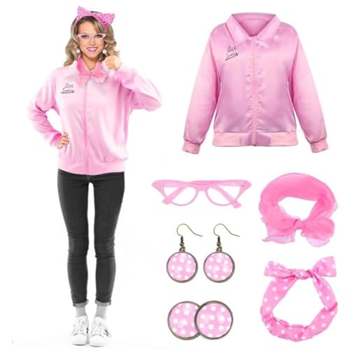 Pinke Damenjacke für Damen, Jacke, Fettkostüme für Erwachsene, 1950er-Jahre Zubehör für Damen, rosa Outfit mit rosa Brille, Stirnband, Seidenschal, Ohrringe für Damen, Teenager, Mädchen von Kitimi