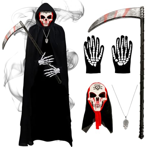 Kitimi Sensenmann-Kostüm für Erwachsene, Halloween-Skelett-Kostüm, Set mit schwarzem Umhang, Sense, Skelett-Handschuhe, Maske, Totenkopf-Halskette Kitimi Sensenmann-Kostüm für Erwachsene, Halloween-Skelett-Kostüm, Set mit schwarzem Umhang, Sense, Skelett-Handschuhe, Maske, Totenkopf-Halskette von Kitimi
