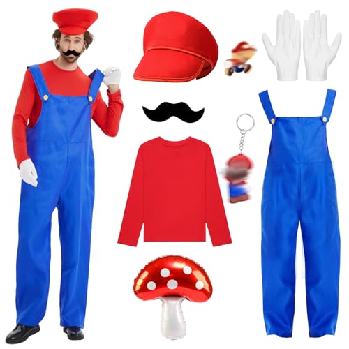 Kostüm Erwachsenen Cosplay Kostüm, Brothers Cosplay Kostüm Rot Klempner Kostüm Set mit T-Shirt Hosen Mütze Schnurrbart und Schlüsselanhänger, Karneval Halloween Kostüm Kostüm Erwachsenen Cosplay Kostüm, Brothers Cosplay Kostüm Rot Klempner Kostüm Set mit T-Shirt Hosen Mütze Schnurrbart und Schlüsselanhänger, Karneval Halloween Kostüm von Kitimi