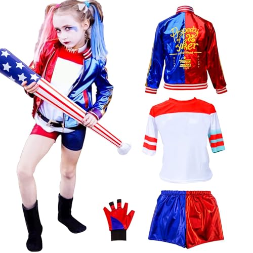 Quin-n Kostüm Kinder Damen Halloween Kostüm Kinder Erwachsene Cosplay-Kostüm Mädchen mit Handschuhe Jacke T-shirt Shorts Halskette Halloween Karneval Cosplay(130) von Kitimi