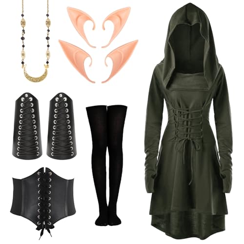 Mittelalter Kleidung Damen, Gothic Kleid, Renaissance Kleid, Mittelalte Mit Kapuze Langarm Retro Gothic, Kommt Gürtel, Kniestrümpfen, Armschützern und Halskette, Damen Cosplay Karneval Halloween Mittelalter Kleidung Damen, Gothic Kleid, Renaissance Kleid, Mittelalte Mit Kapuze Langarm Retro Gothic, Kommt Gürtel, Kniestrümpfen, Armschützern und Halskette, Damen Cosplay Karneval Halloween von Kitimi