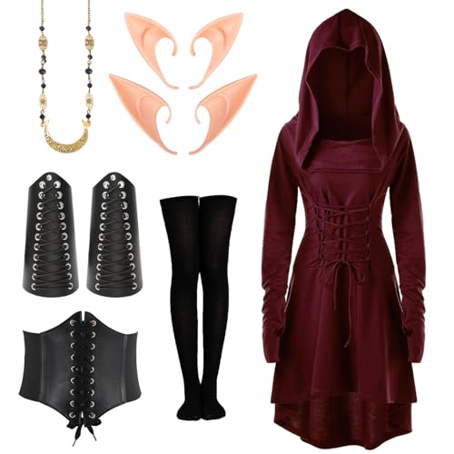 Mittelalter Kleidung Damen, Gothic Kleid, Renaissance Kleid, Mittelalte Mit Kapuze Langarm Retro Gothic, Kommt Gürtel, Kniestrümpfen, Armschützern und Halskette, Damen Cosplay Karneval Halloween Mittelalter Kleidung Damen, Gothic Kleid, Renaissance Kleid, Mittelalte Mit Kapuze Langarm Retro Gothic, Kommt Gürtel, Kniestrümpfen, Armschützern und Halskette, Damen Cosplay Karneval Halloween von Kitimi