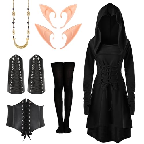 Mittelalter Kleidung Damen, Gothic Kleid, Renaissance Kleid, Mittelalte Mit Kapuze Langarm Retro Gothic, Kommt Gürtel, Kniestrümpfen, Armschützern und Halskette, Damen Cosplay Karneval Halloween Mittelalter Kleidung Damen, Gothic Kleid, Renaissance Kleid, Mittelalte Mit Kapuze Langarm Retro Gothic, Kommt Gürtel, Kniestrümpfen, Armschützern und Halskette, Damen Cosplay Karneval Halloween von Kitimi
