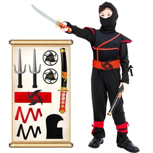 Kitimi Ninja Kostüm Set für Kinder: Schwarz, 12 Stück, Zubehör mit Maske, Katana, Schwert, Karneval Kostüm für Jungen und Mädchen, 6 - 12 Jahre von Kitimi