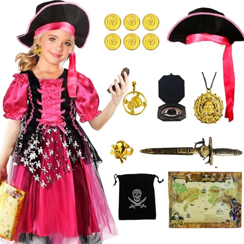 Piratenkostüm Mädchen, Piratenkostüm Kinder mit Kleid Hut Kompass Geldbeutel Ohrring, Pirat Kostüm für Karneval, Halloween und Piraten Party Kinder Mädchen(L) von Kitimi