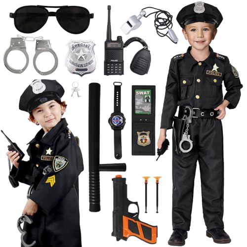 Polizei Kostüm Kinder, Faschingskostüme Kinder Polizei Uniform Set, Gürtel Mütze Handschellen Walkie-Talkie für Karneval Halloween Kostüm von Kitimi
