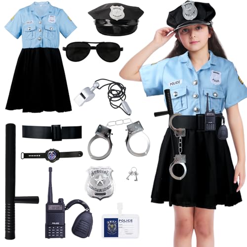 Polizei Kostüm Kinder Mädchen, Faschingskostüme Polizei Kleid Set, Gürtel Mütze Handschellen Walkie-Talkie für Karneval Halloween Kostüm Kinder von Kitimi