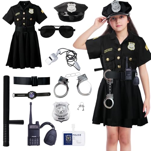 Polizei Kostüm Kinder Mädchen, Faschingskostüme Polizei Kleid Set, Gürtel Mütze Handschellen Walkie-Talkie für Karneval Halloween Kostüm Kinder von Kitimi