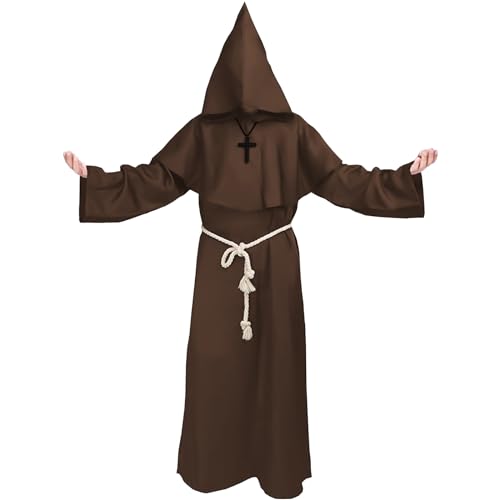 Mönch Kostüm Herren Braun Mit Kapuze und Kreuz - Mönchskutte, Nonnen Priester, Mittelalter Robe, Pfarrer - Karneval für Halloween von Kitimi