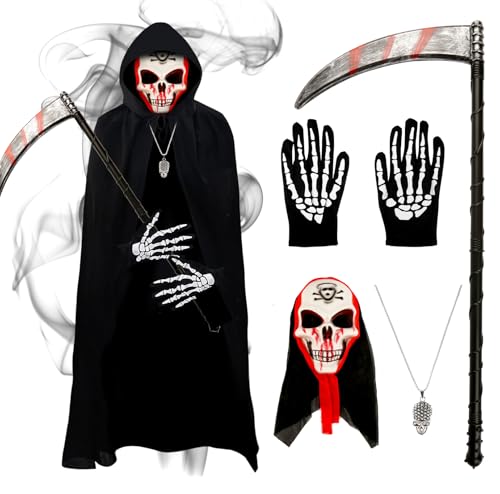 Sensenmann-Kostüm für Kinder, Jungen, Sensenmann-Kostüm, Horror-Todes-Kostüm, Set für Halloween, mit schwarzem Umhang, Sense, Skelett-Handschuhe, Maske, Totenkopf-Halskette Sensenmann-Kostüm für Kinder, Jungen, Sensenmann-Kostüm, Horror-Todes-Kostüm, Set für Halloween, mit schwarzem Umhang, Sense, Skelett-Handschuhe, Maske, Totenkopf-Halskette von Kitimi