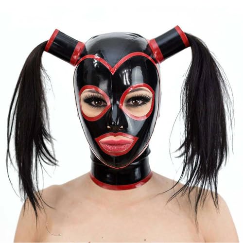 KituT Rote Latexmaske, Schwarze Haarhaube, Cosplay-Sexspielzeug, Halloween-Maske (L) von KituT