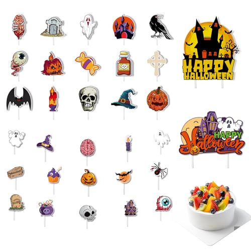 Halloween-Cupcake-Aufsätze, Fledermaus, Geist, Spinne, Kürbis, gruselige Halloween-Cupcake-Picker, Horror-blutige Themen-Dekorationen, Kuchendekorationen für Partyzubehör, 32 Stück Kiuiom von Kiuiom