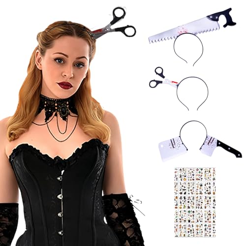 Kiuiom Halloween Messer im Kopf,Axt Stirnbänder,Blutige Schere Haarreif,Messer Haarreif,Halloween Horror Haarbänder mit 30 Blatt Tattoo-Aufkleber,Geeignet für Streich,Halloween,Karneval,Maskerade von Kiuiom
