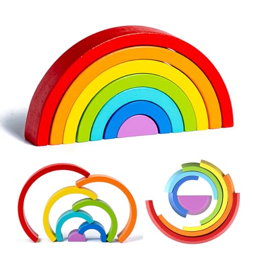 Kiuiom Regenbogen Holz Spielzeug Bausteine,Holz Regenbogen Baby Pastell,Holz Montessori Regenbogen,Holzregenbogen Stapel,Vorschule Stapeln Spielzeug,Holz Stapelturm,Baby Lernen Spielzeug von Kiuiom