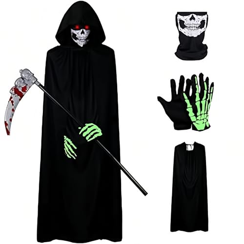 Sensenmann Kostüm, Halloween Kostüm Set,Cosplay Kostüm,mit Schwarzer Robe,Sensenmann Sense,Skelett Maske und Leuchthandschuhe,für Erwachsene Halloween Party Dekoration, Cosplay, Karneval von Kiuiom