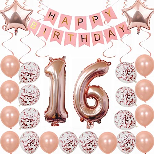 Kiwochy 16. Geburtstag Dekoration Rosegold Set für Mädchen und Jungen - Party Deko mit Ballons und Geschenk von Kiwochy