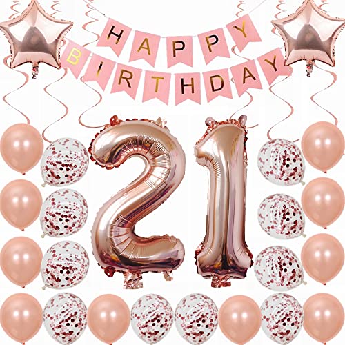 Kiwochy 21. Geburtstag Dekoration Rosegold Deko 21. Geburtstag Frauen Männer Party Deko Set 21 Geburtstag Frauen Deko Geschenk 21 jahre Geburtstag deko Ballon 21 Geburtstag Frauen 21 jahre Frauen von Kiwochy