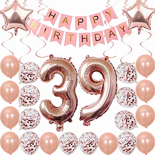 Kiwochy 39. Geburtstag Dekoration Rosegold Deko 39. Geburtstag Frauen Männer Party Deko Set 39 Geburtstag Frauen Deko Geschenk 39 jahre Geburtstag deko Ballon 39 Geburtstag Frauen 39 jahre Frauen von Kiwochy