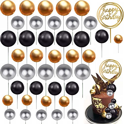 Kiwochy 46 Stück Happy Birthday Tortendeko Kugeln Schwarz und Gold - Kuchen Schaumkugeln Cupcake Topper für Geburtstag und Hochzeit von Kiwochy