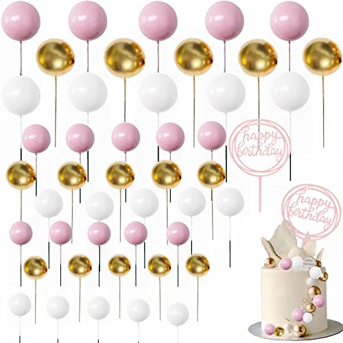 Kiwochy 46 Stück Tortendeko Hochzeit Goldene Kugeln Happy Birthday Cake Topper Kuchen Dekoration Kugel DIY Tortendeko Hochzeit Cupcake Topper Kuchendekorationen für Geburtstag Hochzeit von Kiwochy