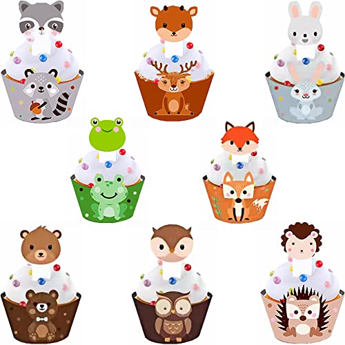 Kiwochy 48 Stück Waldtiere Kuchen Dekoration Tiere Cupcake Wrapper Papier und Tier Papier Cupcake Toppers 8 Verschiedene Designs Cake Topper Waldtiere Muffinförmchen Papier für Geburtstag Cupcake Deko von Kiwochy